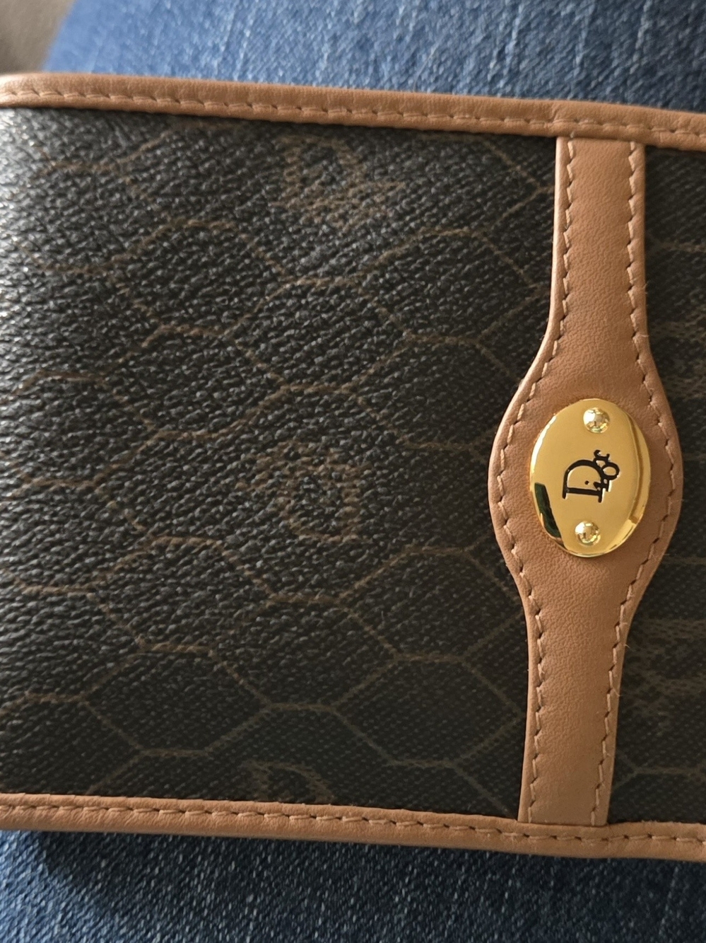 Christian Dior Men's Brown Textured Wallet with Tan Trim and Gold Hardware